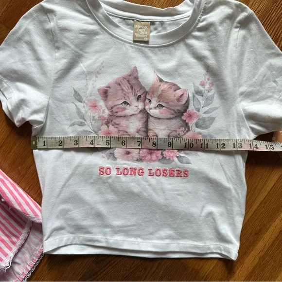 Messy Bun Women's Size Small White Cat Top & Pink Striped Shorts Pajama Set NWT - Picture 4 of 12